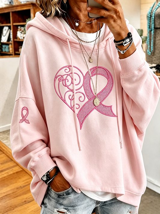 Women's Breast Cancer Awareness Love Embroidery Hooded Sweatshirt