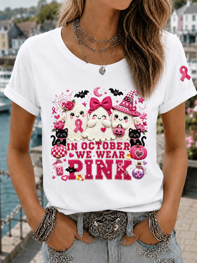 Women'S Retro In October We Wear Pink Printed T-Shirt