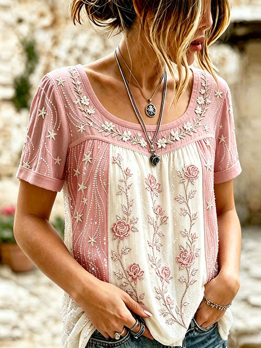 Women'S Pink Floral Printed Cotton And Linen Round Neck Top