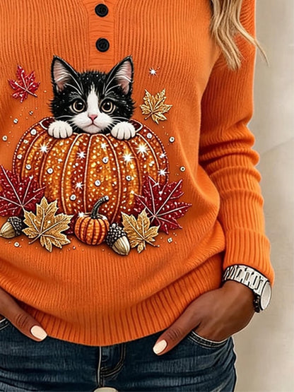 Women's Casual Printed Loose-Fit Henley Shirt