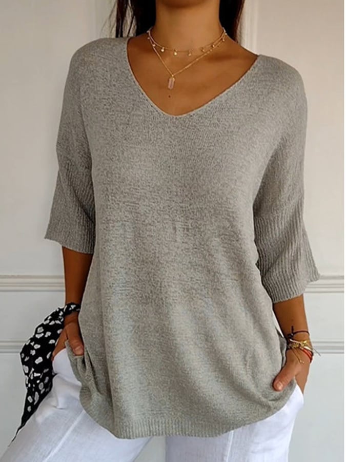 Women'S Casual V-Neck Three-Quarter Sleeve Solid Color Knit Sweater