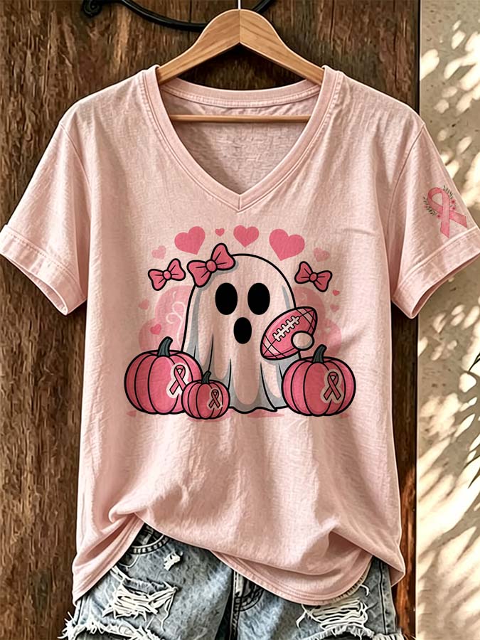 Women'S Pink Pumpkin Ribbon Printed Casual Short Sleeved T-Shirt