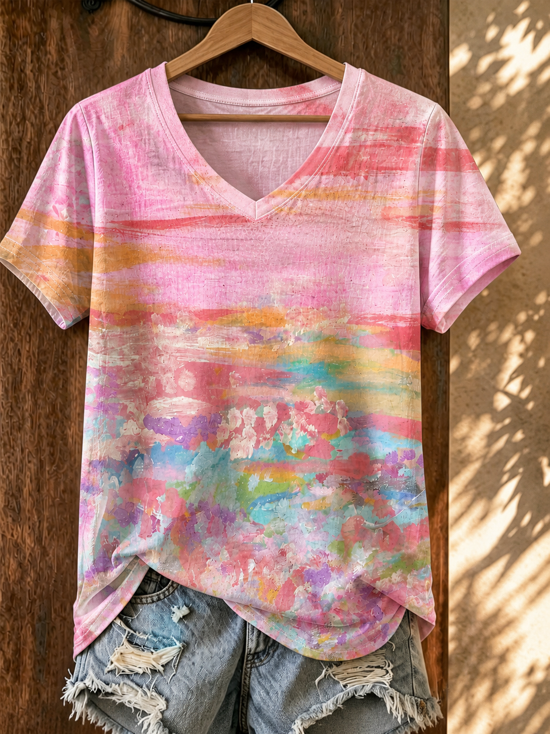 Women's Pink Art V-Neck T-Shirt
