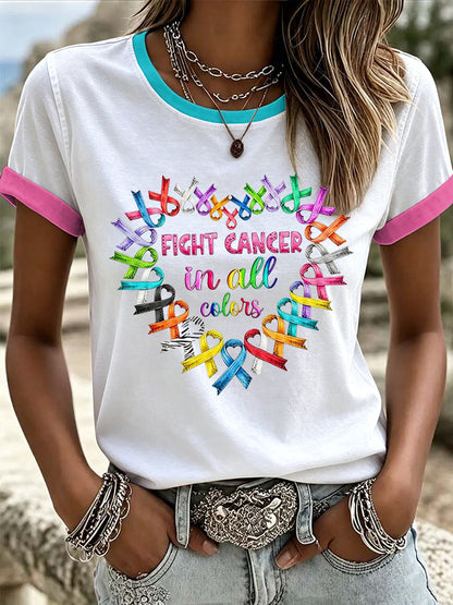 Women's Retro Fight Cancer In All Colors Printed T-shirt