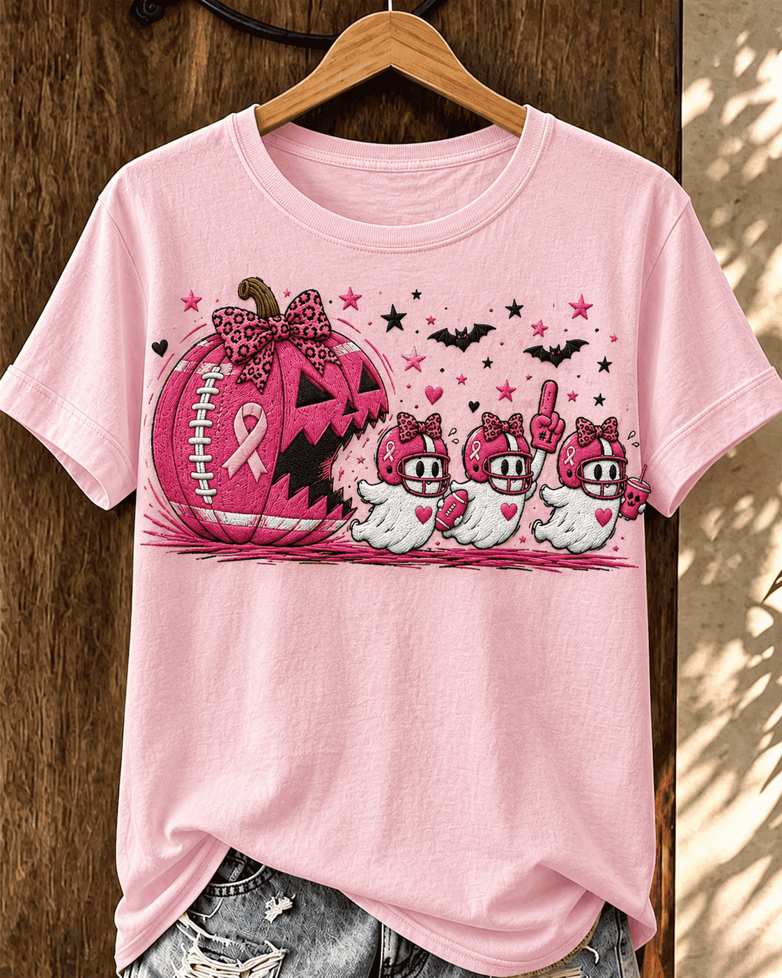 Women's Pink Pumpkin Football Ghost Breast Cancer Ribbon Halloween Graphic Short Sleeve T-Shirt