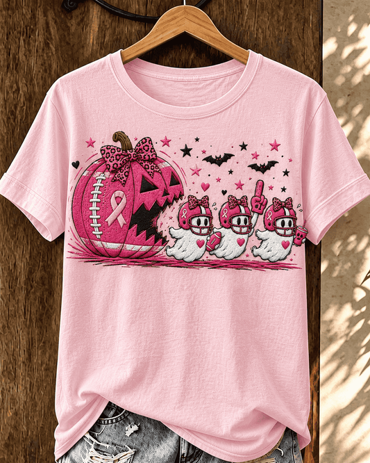Women's Pink Pumpkin Football Ghost Breast Cancer Ribbon Halloween Graphic Short Sleeve T-Shirt