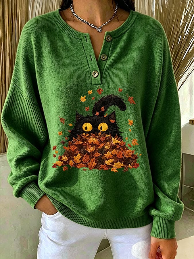 Women's Casual Print Button-Up Collar Knit Top