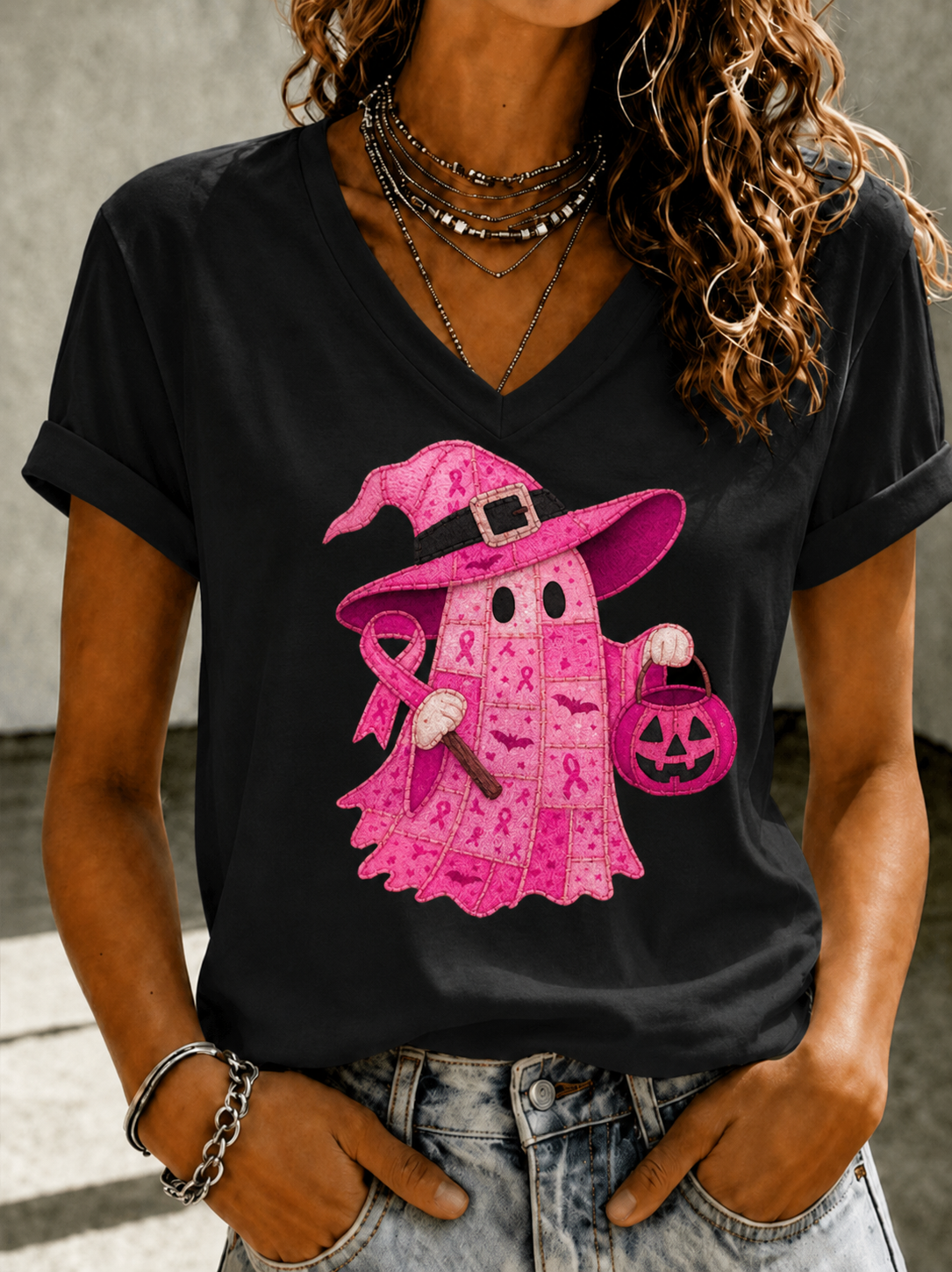 Women'S Breast Cancer Print V-Neck Top