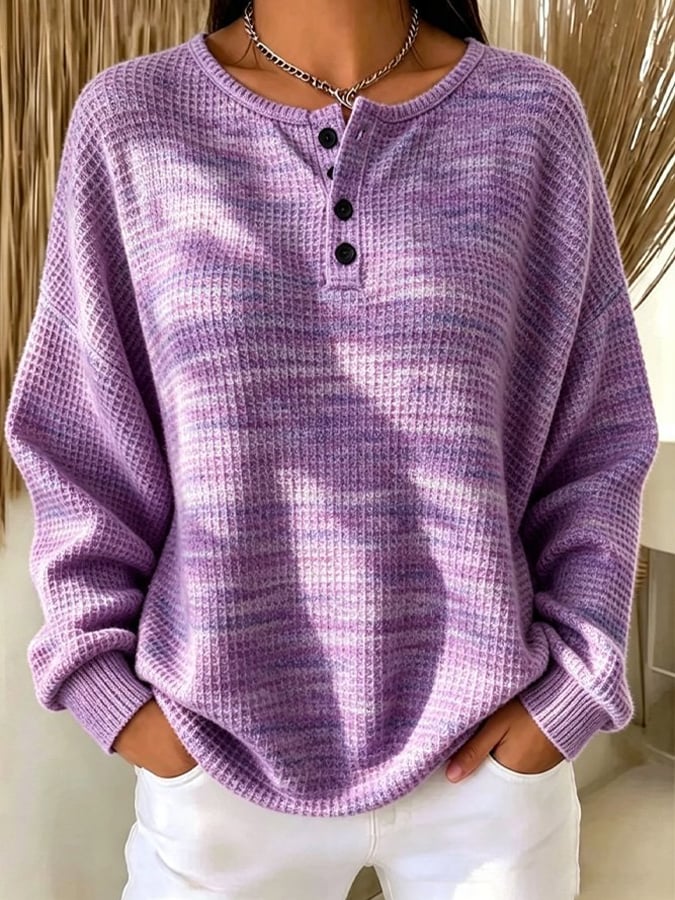 Women's Casual Printed Waffle-Knit Henley Sweatshirt
