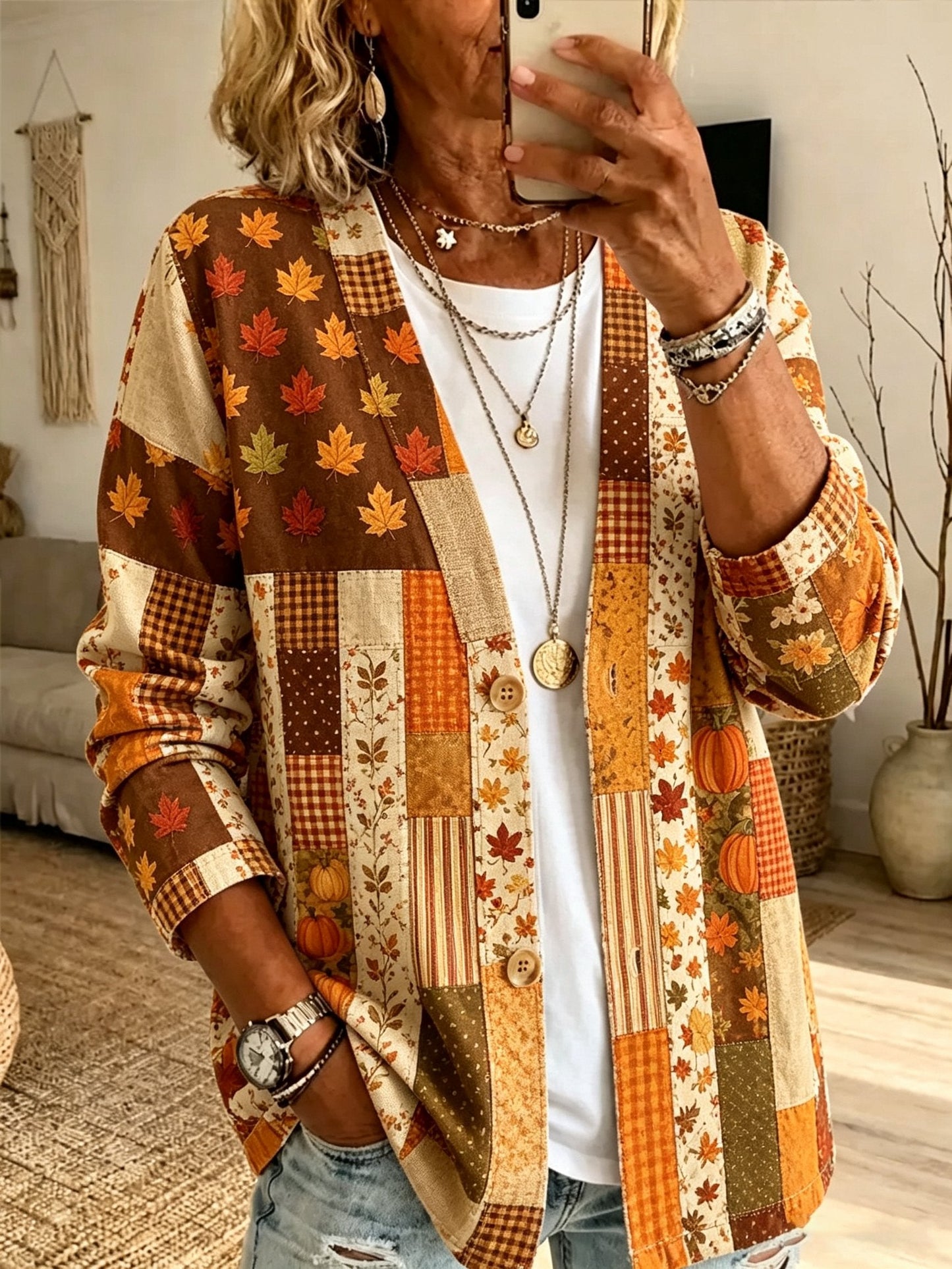 Women's Fall Patchwork Pumpkin Print Cardigan