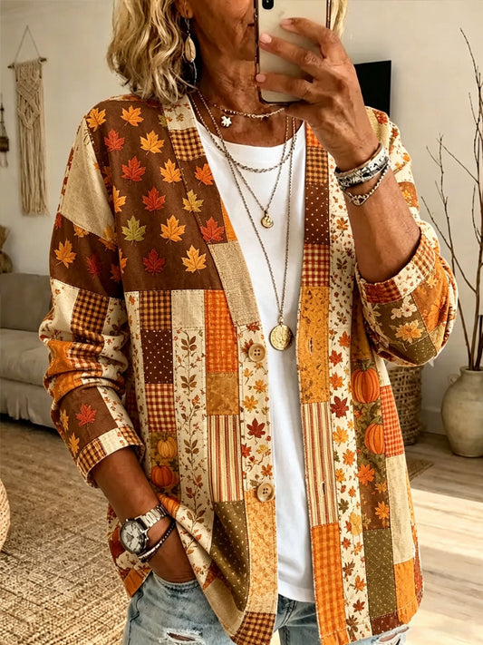 Women's Fall Patchwork Pumpkin Print Cardigan