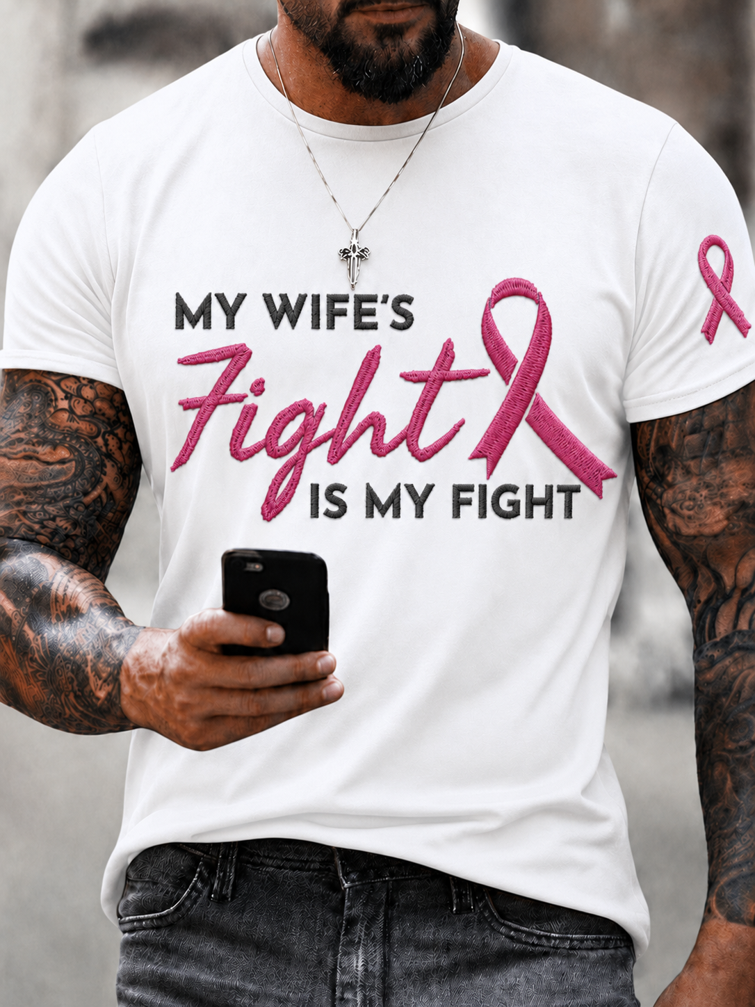 Men's My Wife's Fight Is My Fight Pink Ribbon Breast Cancer Awareness T-Shirt