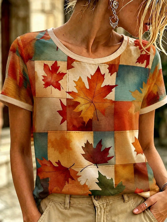 Women Fall Vintage Leaf Print T-Shirt