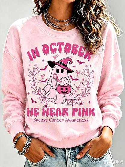 Women'S In October We Wear Pink Printed Round Neck Sports Shirt