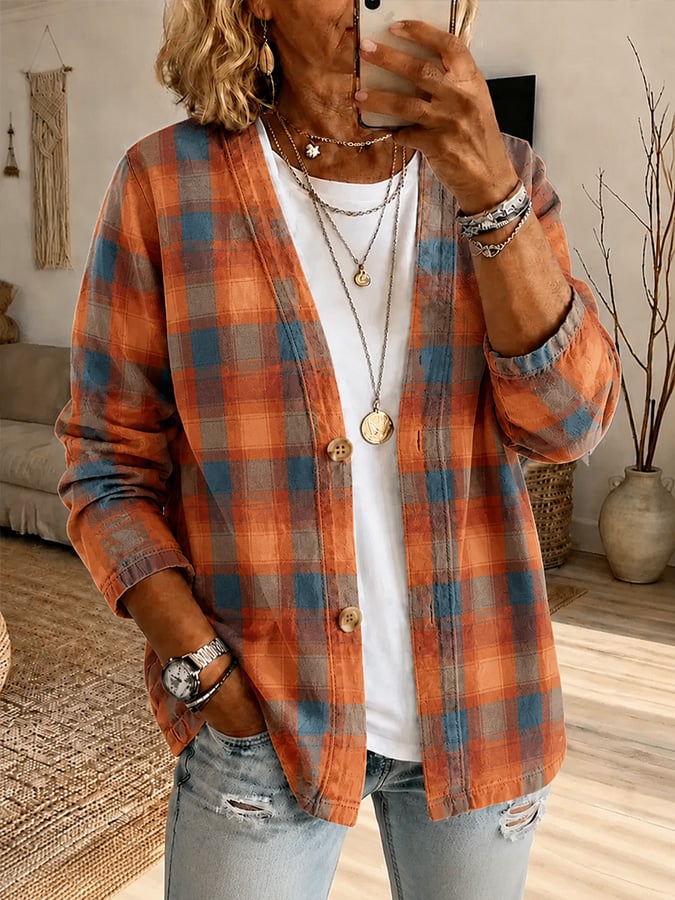 Women's Autumn Plaid Print Cardigan