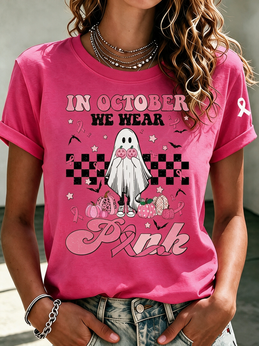 Women'S In October We Wear Pink Printed Casual T-Shirt