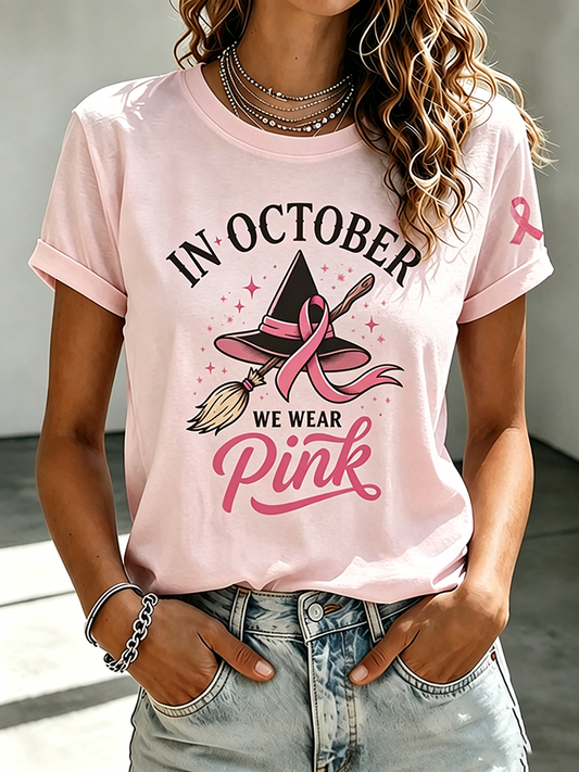 Women's In October We Wear Pink Printed Casual T-Shirt