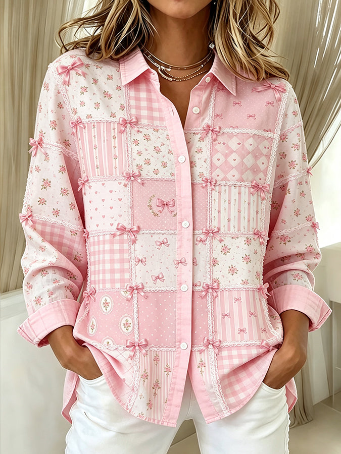 Women's Bow Pink Plaid Print Lapel Long Sleeve Shirt