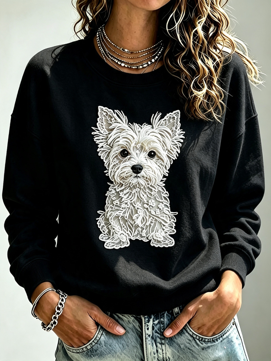 Women'S Embroidered Casual Printed Hoodie With Puppy Embroidery