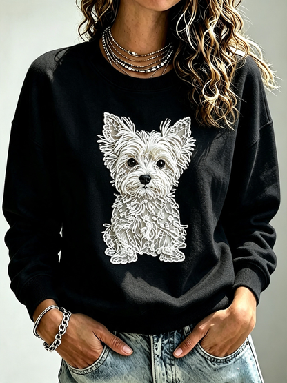 Women'S Embroidered Casual Printed Hoodie With Puppy Embroidery