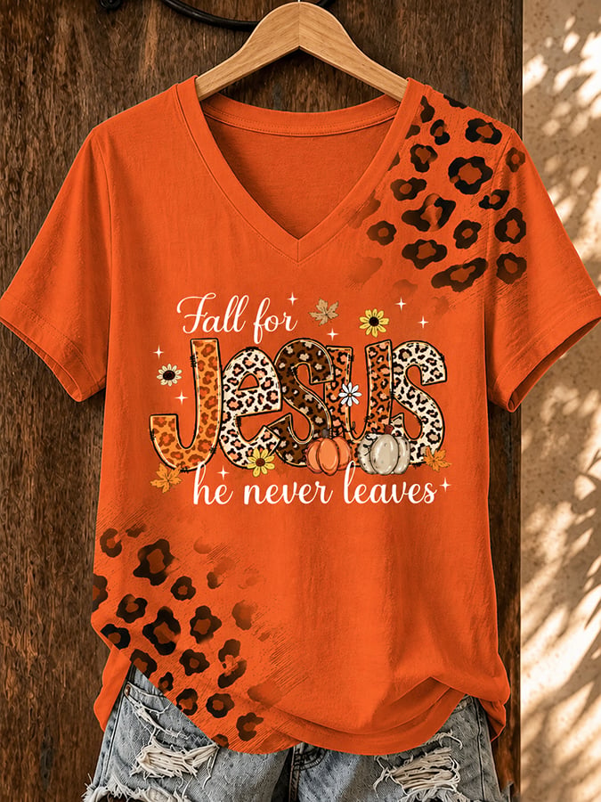 Women's Casual Fall for Jesus He Never Leaves Print Short-Sleeve T-Shirt