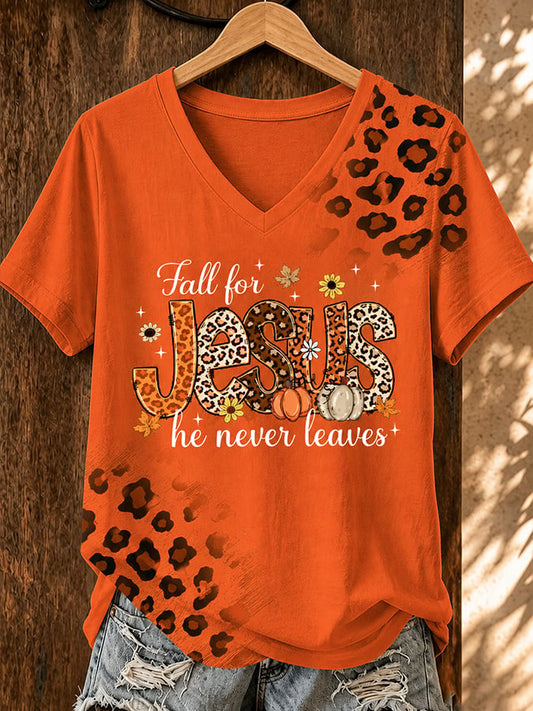 Women's Casual Fall for Jesus He Never Leaves Print Short-Sleeve T-Shirt