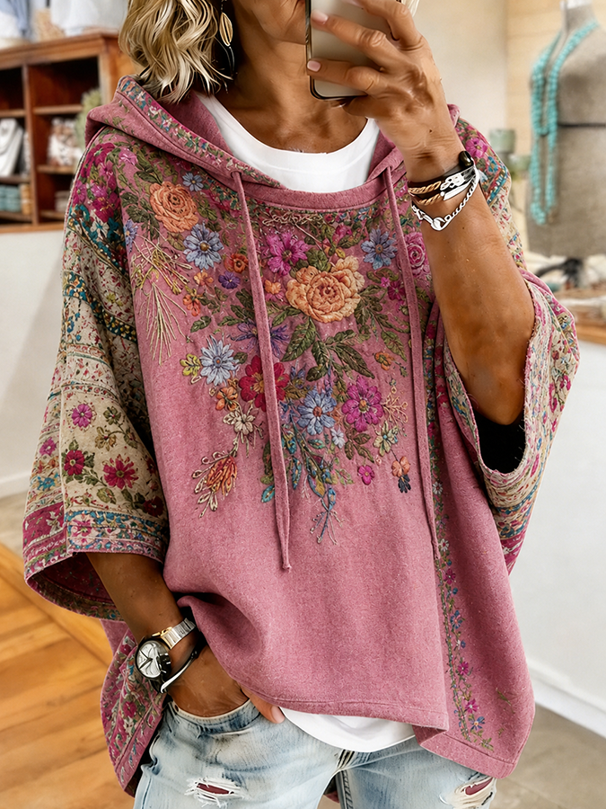 Women'S Retro Floral Print  Print Hoodie