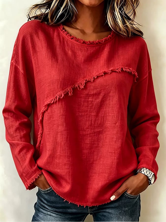 Women'S Round Neck Patchwork Lace Long Sleeve Casual Top