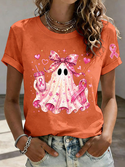 Women'S Breast Cancer Awareness And Ghost Witch Halloween Support Printed T-Shirt