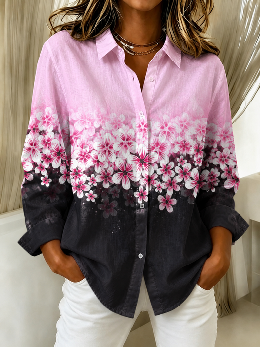 Women's Pink Floral Gradient Art Print Lapel Long Sleeved Shirt