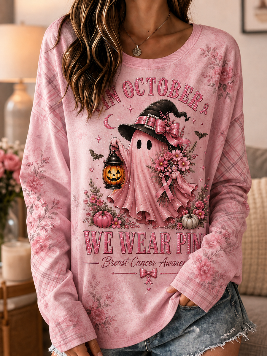 Women's In October We Wear Pink Witch Ghost Floral Plaid Long Sleeve Tee