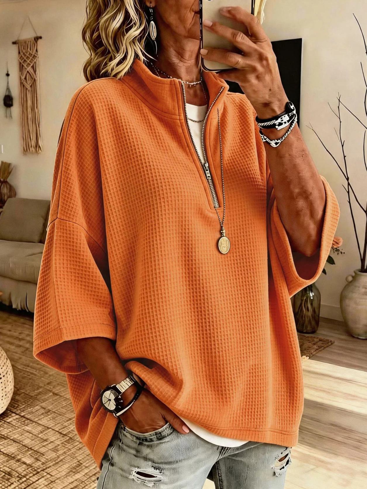 Women's Solid-Color Waffle-Knit Loose Half-Zip Sweatshirt