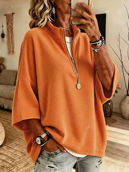 Women's Solid-Color Waffle-Knit Loose Half-Zip Sweatshirt