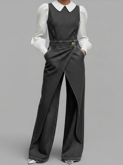 Women's Relaxed Round Neck Sleeveless Casual Loose Denim Wide-leg Jumpsuit