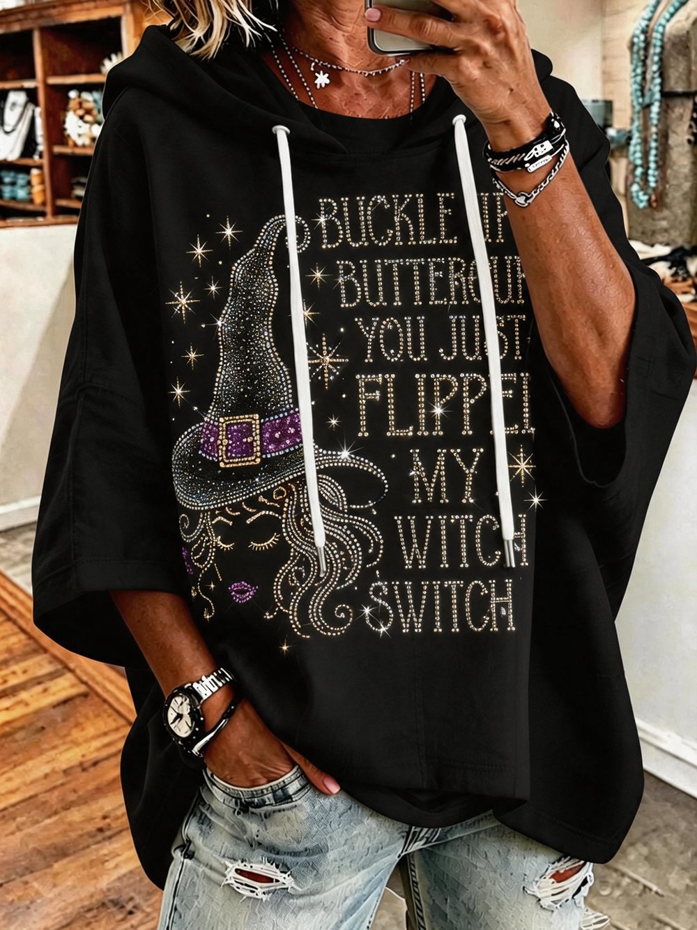 Women's "Buckle Up Buttercup, You Just Flipped My Witch Switch" Graphic Crew-Neck Mid-Sleeve Sweatshirt