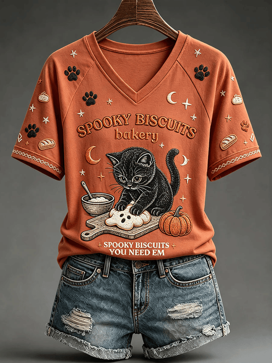 Women's Fall Black Cat V-Neck T-Shirts