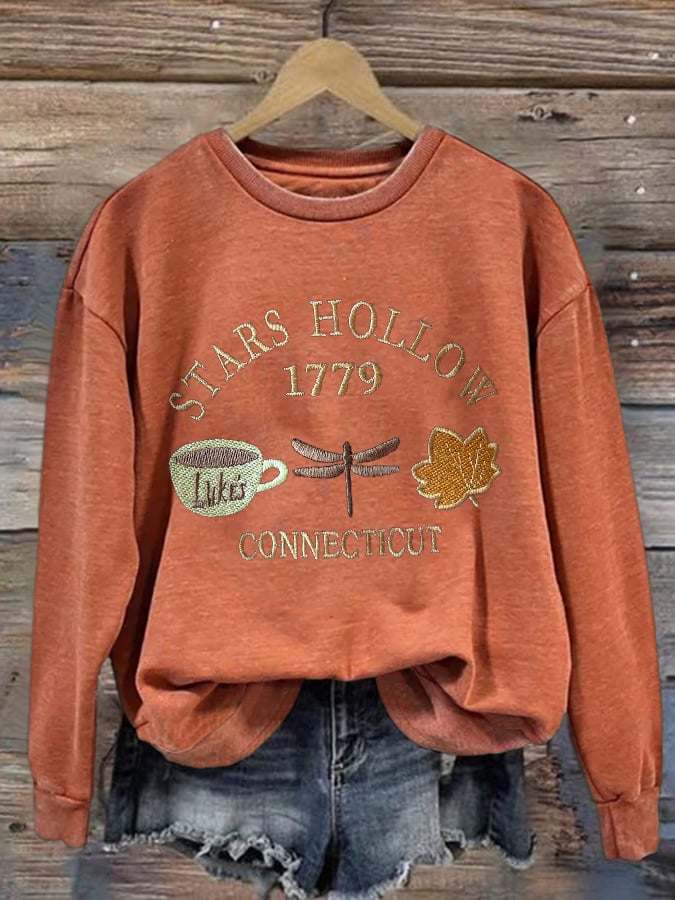 Retro Fall Stars Hollow 1779 Connecticut Luke’s Coffee Cup Dragonfly Maple Leaf Print Sweatshirt