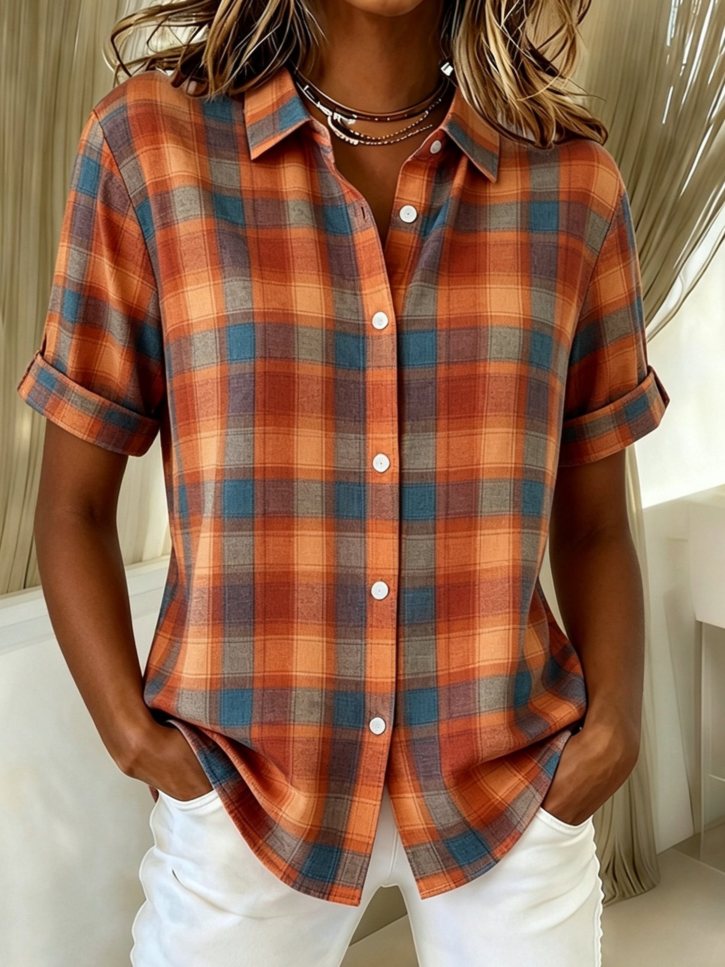 Women's Casual Contrast Color Autumn And Winter Retro Plaid Print Shirt