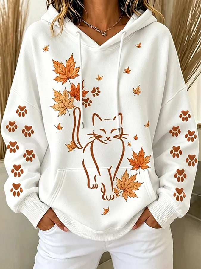 Women's Autumn  Fall Cat Printed Hoodie