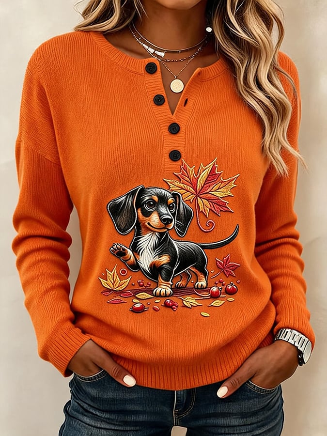 Women's Casual Printed Loose-Fit Henley Shirt