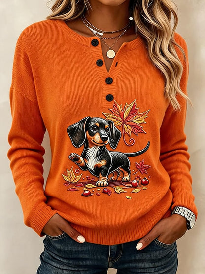 Women's Casual Printed Loose-Fit Henley Shirt