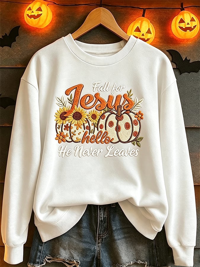 Women's  Pumpkin Print Crew Neck Sweatshirt