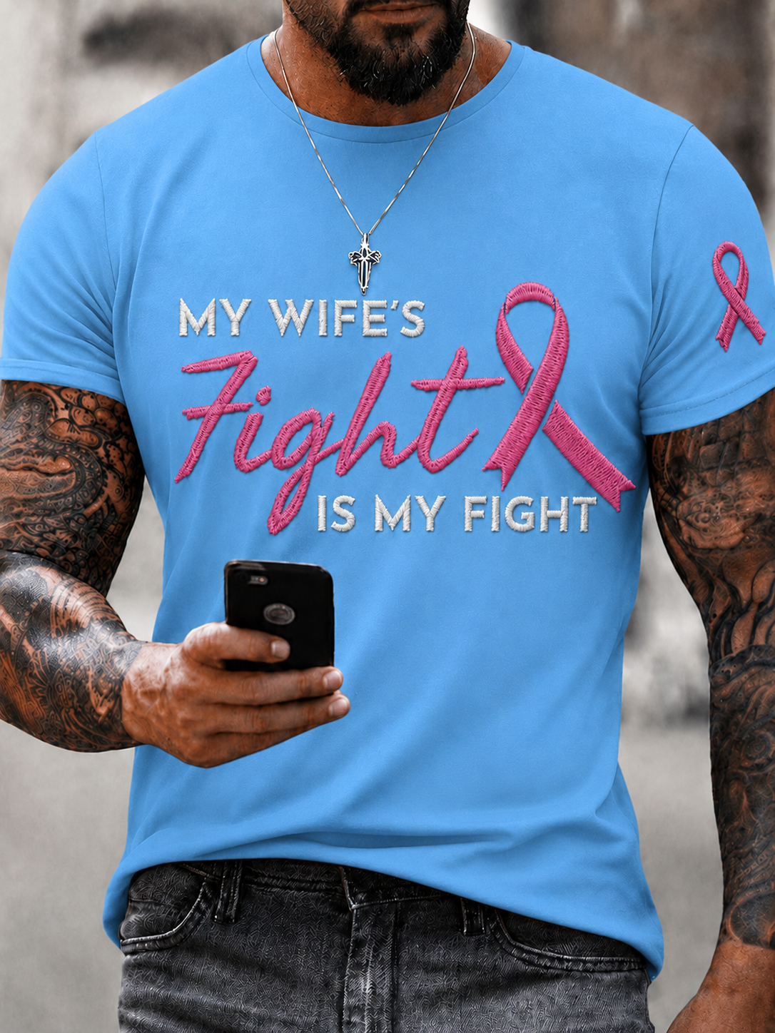 Men's My Wife's Fight Is My Fight Pink Ribbon Breast Cancer Awareness T-Shirt