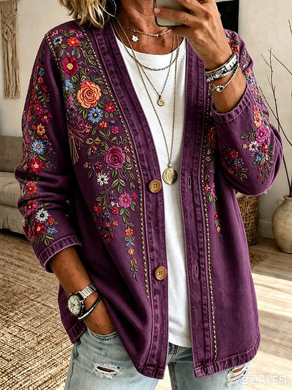 Women'S Pink Embroidered Floral Print Casual Cardigan