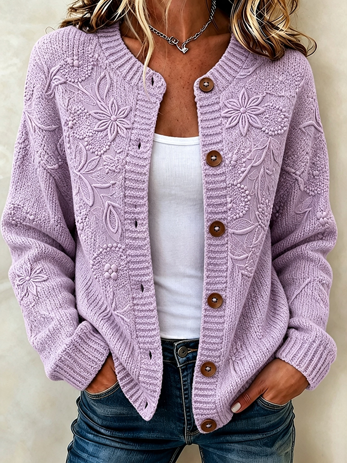 Ladies' Casual Plant Flower Knitted Cardigan Top