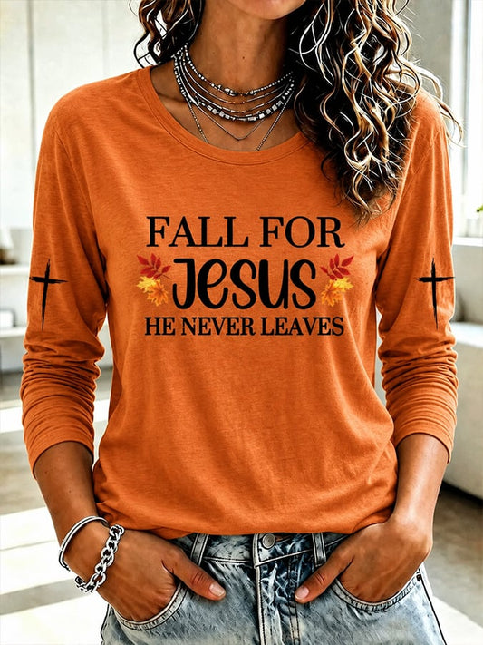 Women's  Retro  Fall For Jesus He Never Leaves Print T-shirt