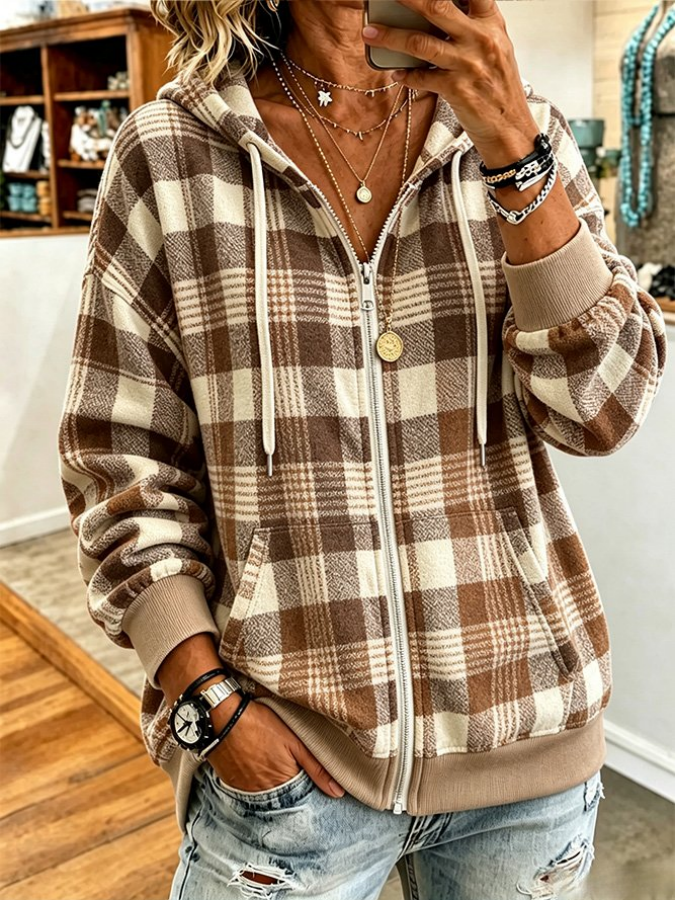 Women Pink Art Plaid Long Sleeve Hoodie Casual  Jacket Outerwear