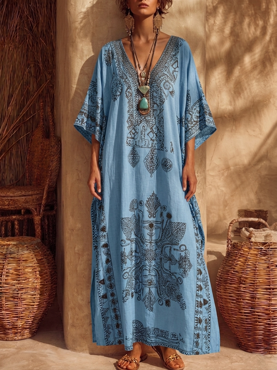 Bohemian Vintage-print Loose Cotton-linen Dress