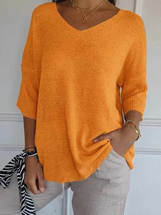 Women'S Casual V-Neck Three-Quarter Sleeve Solid Color Knit Sweater