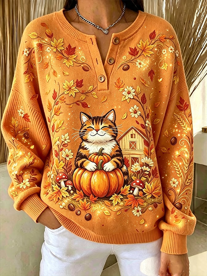 Women's Casual Print Button-Up Collar Knit Top
